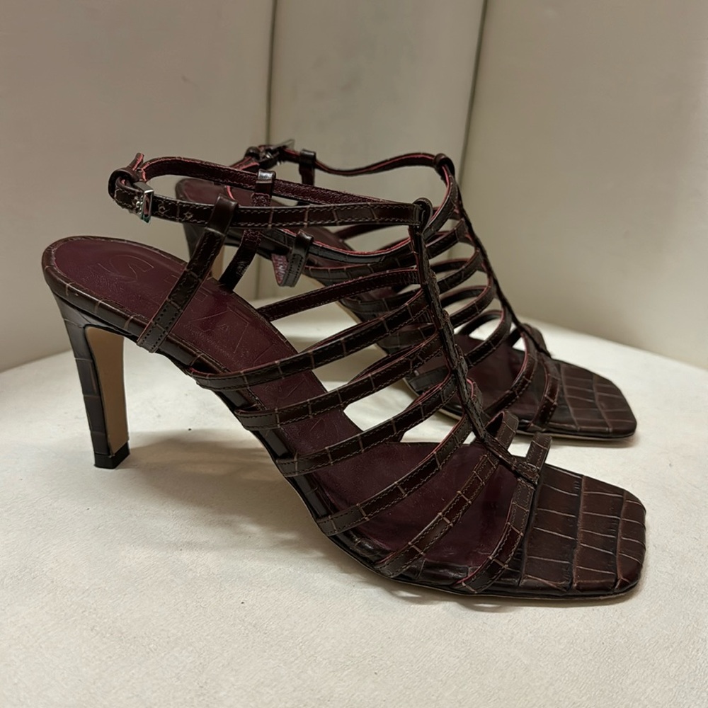 STAUD Brown Croc Print Cage Sandals